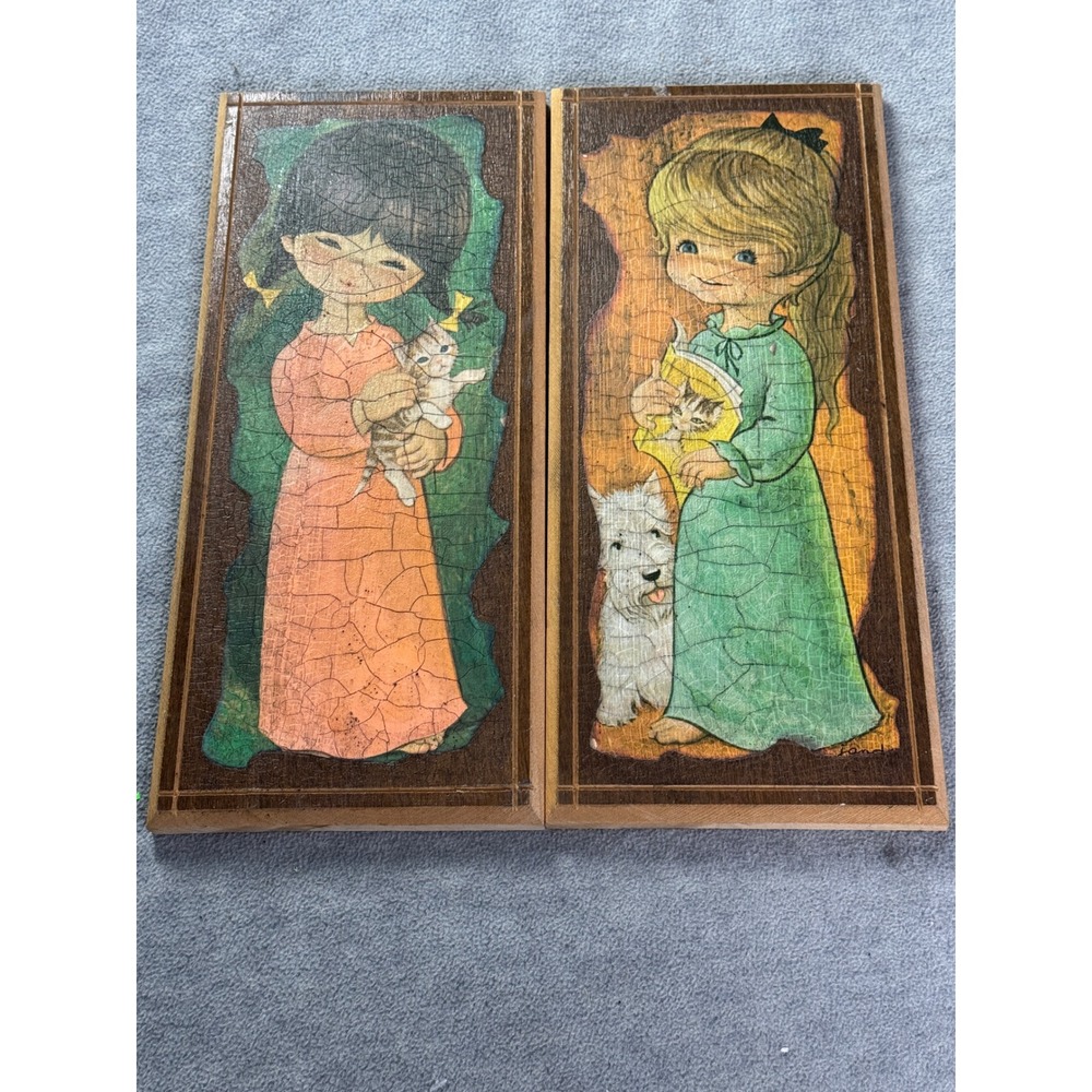 Vintage Big Eye Girl Wood Wall Plaques Set of 2 Londi 1970s Retro Kitsch Decor